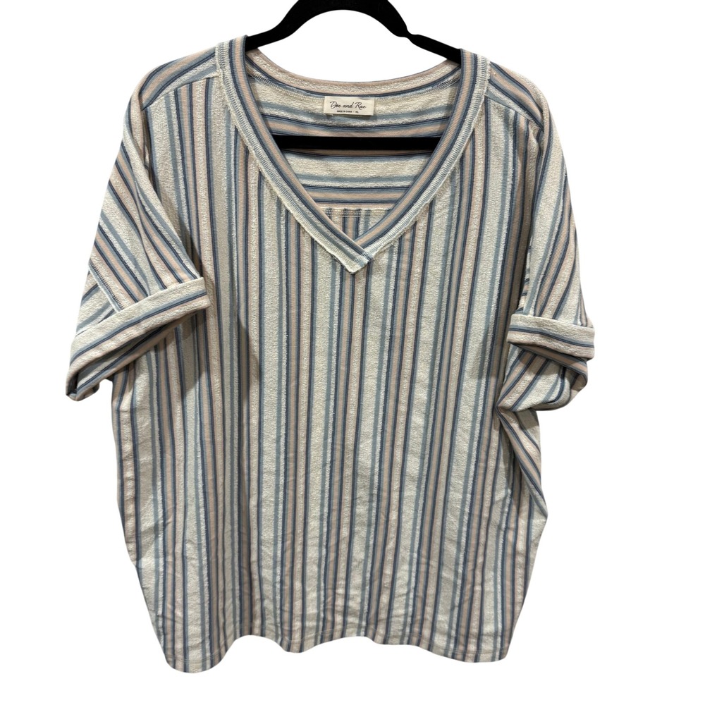 Doe and Rae Womens Blue Tan Striped V-Neck Cuffed Short Sleeve Knit Top 1XL
